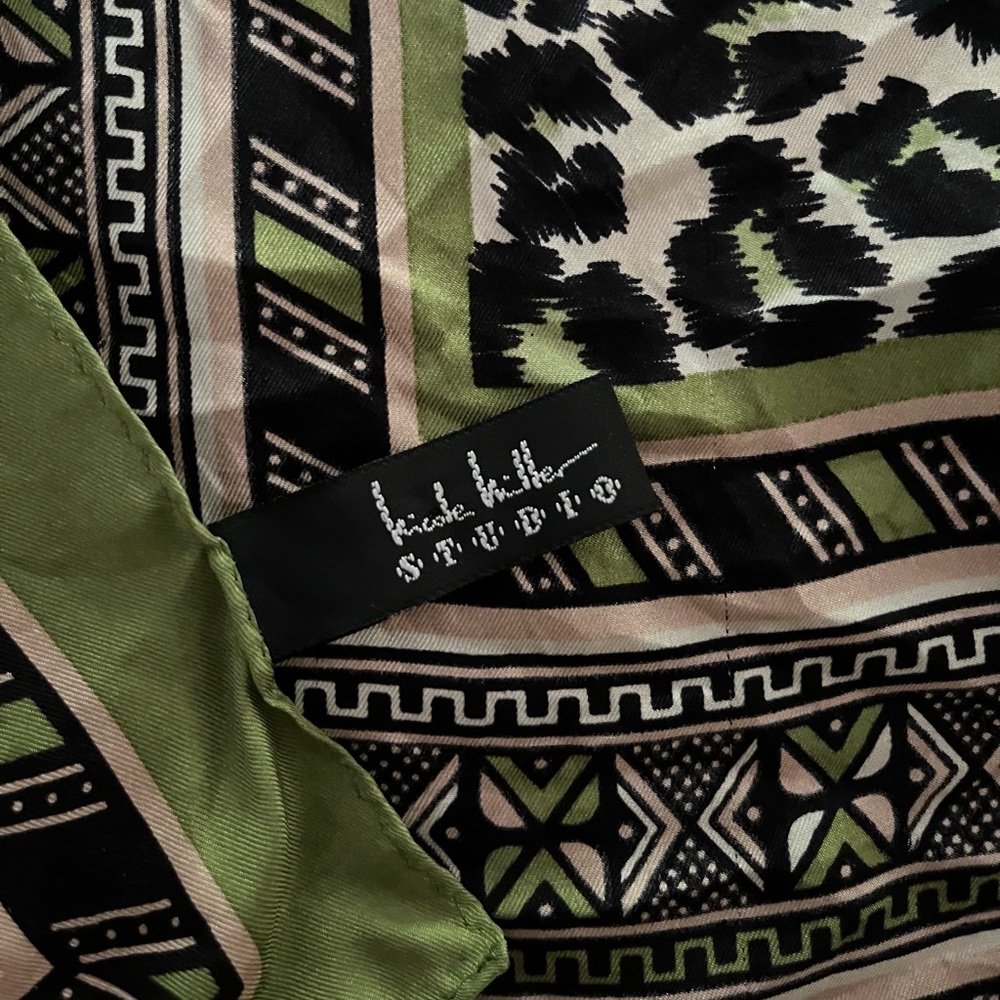 Nicole Miller Cheetah Print Silk Scarf, Lime Green, Black, White, 33.5”x33.5” - Picture 3 of 6